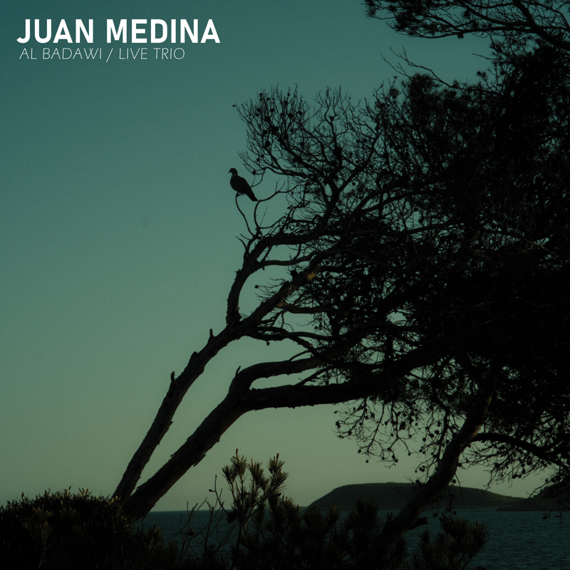 The cover for “Al Badawi / Live Trio” by Juan Medina shows a silhouetted tree with a bird perched on its branch against a dusky sky. The artist’s name and title appear in white text at the top left.