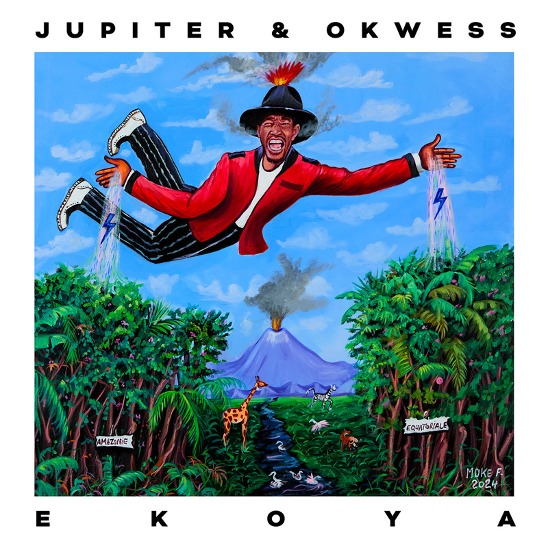 Jupiter & Okwess - Ekoya cover artwork. An illustration of Jupiter flying over the equatorial regions of Africa and South America.