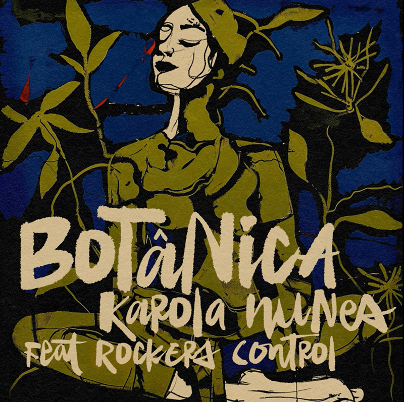 Karola Nunes - Botânica cover artwork. an illustration dressed in green wrapped in green clothes and leaves, surrounded by green plants.