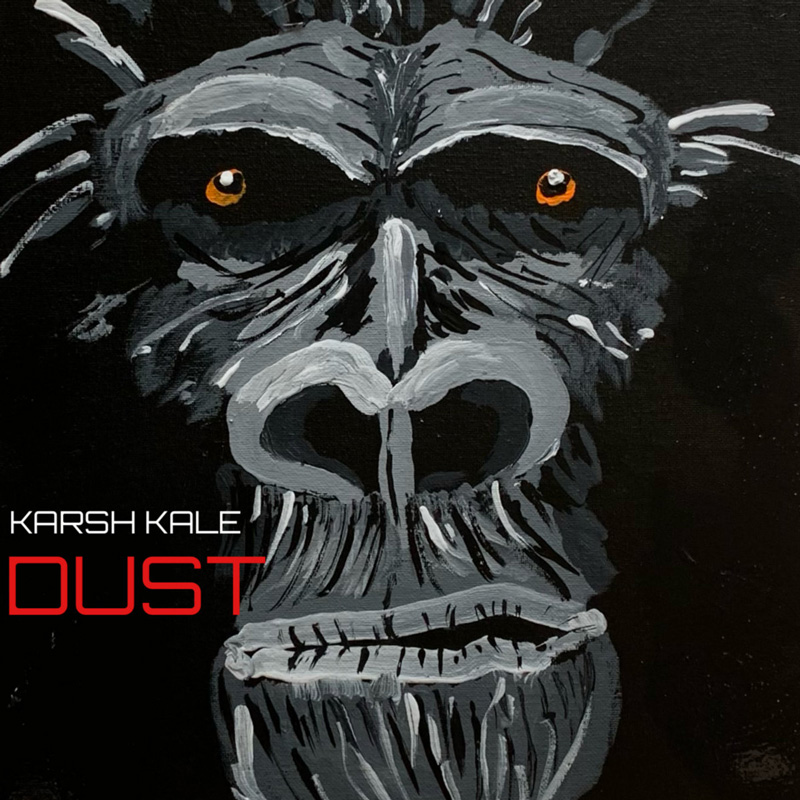 Karsh Kale - Dust cover artwork. an illustration in black and white of a large ape's face (possibly a chimp), with yellow eyes.