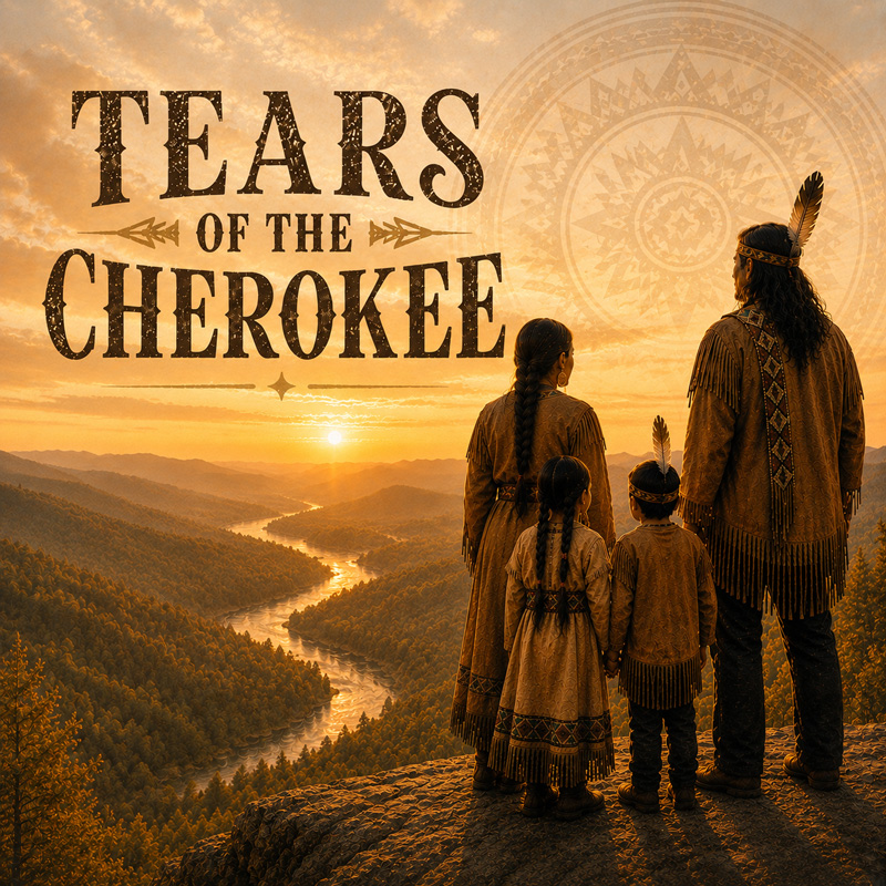 Kenny and Amanda Smith Tears Of The Cherokee. An Indian family, father, mother, and child overlooking a valley below with a meandering river.