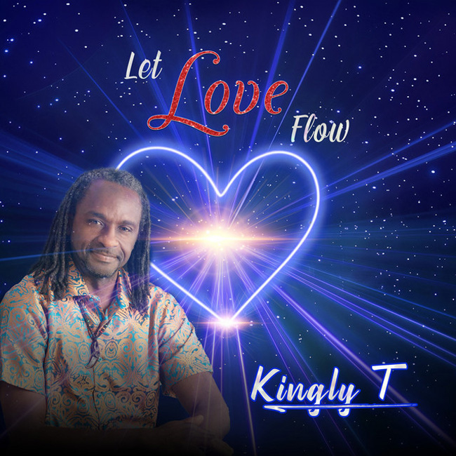 Kingly T Let Love Flow cover artwork. Kingly T smiling next to a neon blue heart.