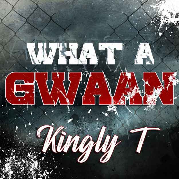 The single cover features the title “What A Gwaan” in bold, distressed white and red lettering against a dark, grungy background with a faint chain-link fence pattern. The artist’s name, “Kingly T,” appears below in a flowing white-and-red script, adding contrast to the rugged design.