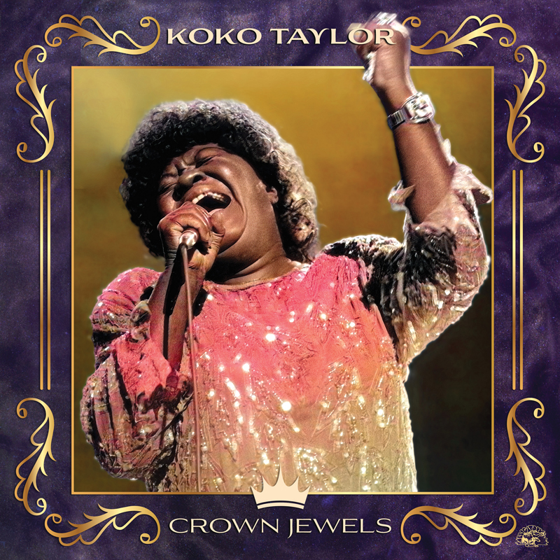 Koko Taylor - Crown Jewels covr artwork. A photo of the artist performing live, holding a microphone.