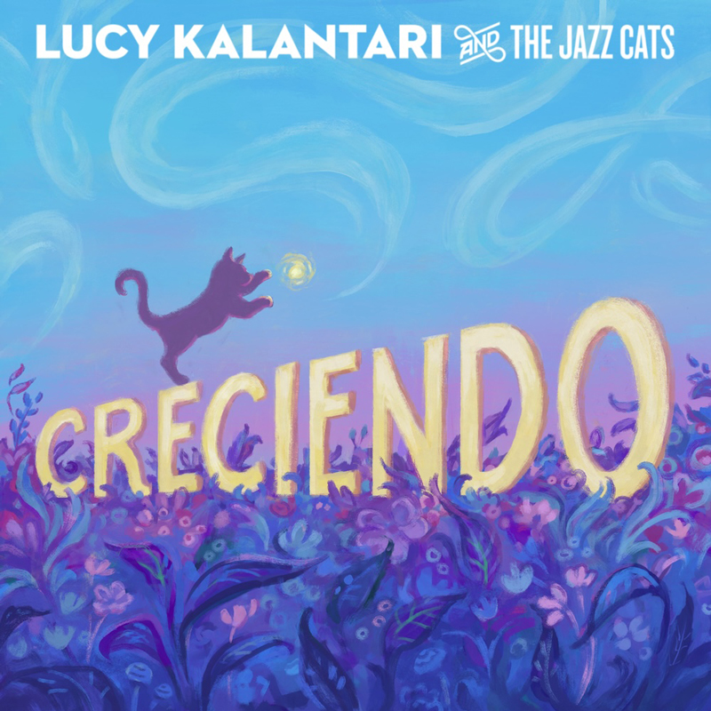 Lucy Kalantari & the Jazz Cats - Creciendo cover artwork. An illustration a purple field with a playful cat jumping trying to catch a light.