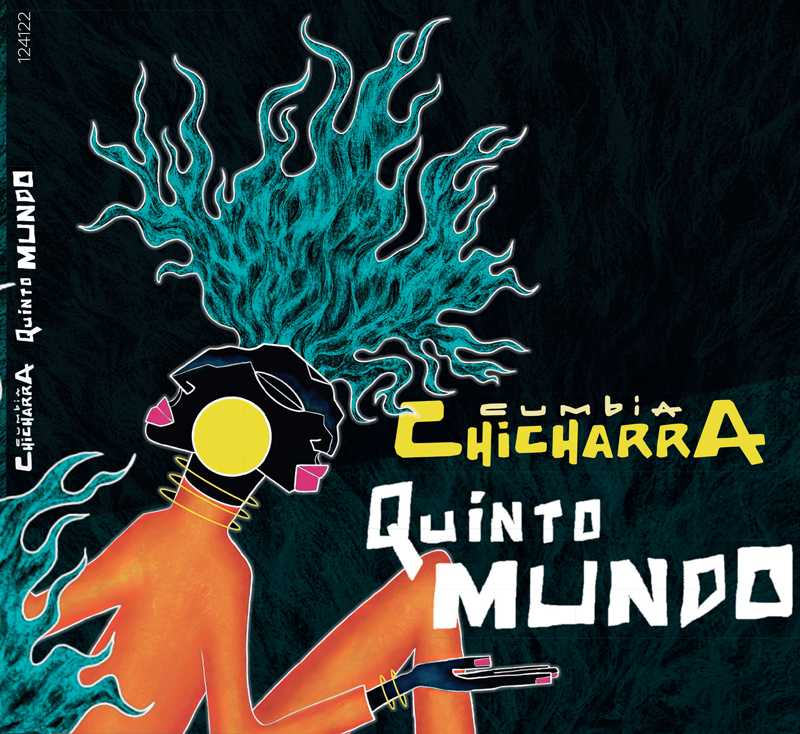 La Cumbia Chicharra - Quinto Mundo © Clémentine Candela -Guillaume Parent. A neon-bright figure with a stylized human form sits against a dark, swirling backdrop, its hair exploding upward in electric blue flames.