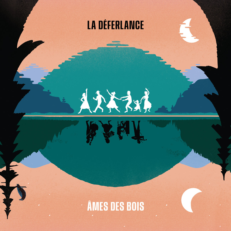 The album cover for Âmes des Bois by La Déferlance features a mirrored landscape divided by a reflective body of water. Across the center, white silhouettes of people holding instruments and dancing move in a line, their reflections inverted below. The background combines soft coral, teal, and indigo hues, with crescent moons in opposite corners and a forested silhouette framing the scene.