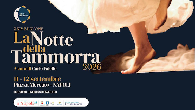 La Notte della Tammorra 2026 banner. Shows the feet of a woman's body, wearing a white dress, dancing.