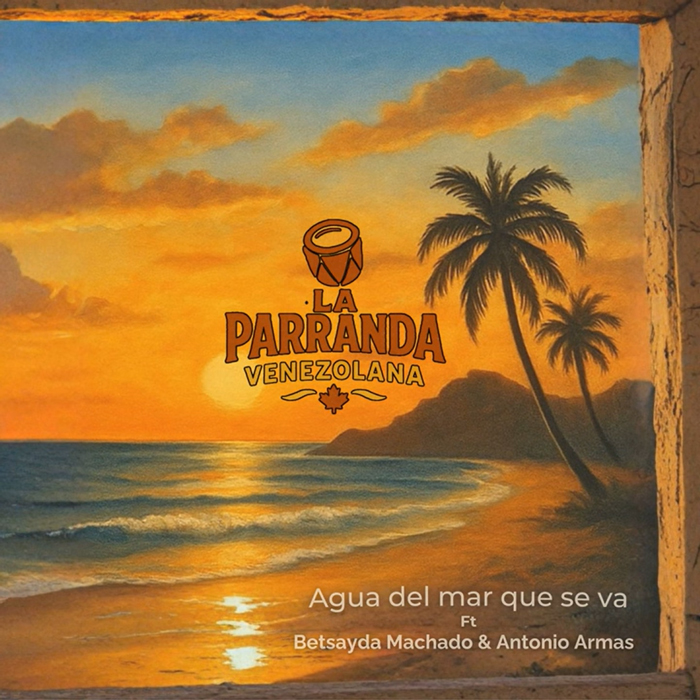 La Parranda Venezolana Agua del mar que se va cover artwork. An illustration of a tropical beach with palm trees.