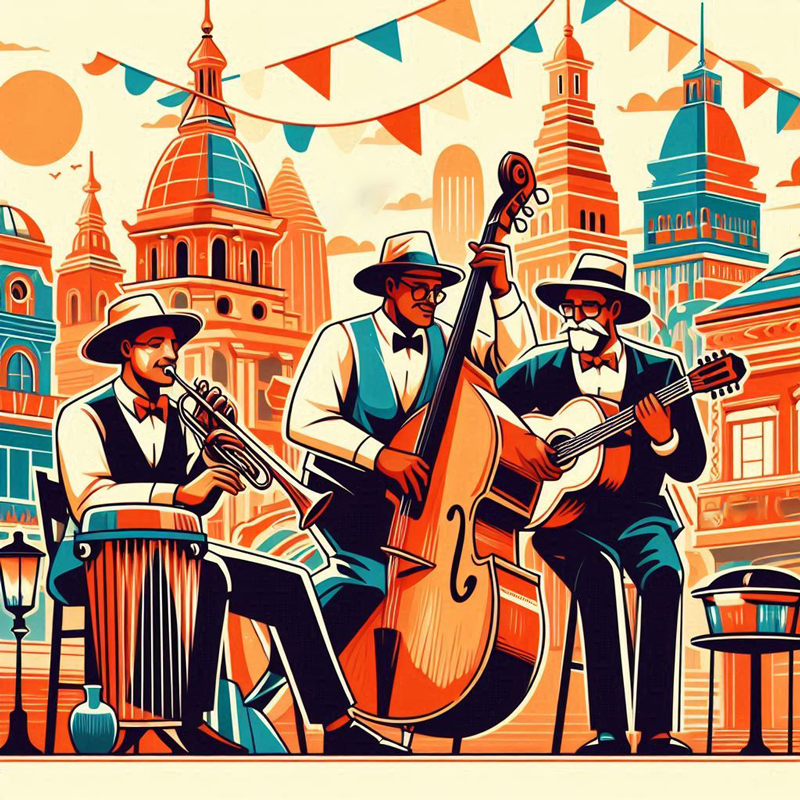 Latin jazz illustration. Three musicians playing trumpet, double bass and guitar.