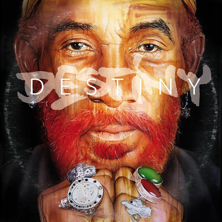 Lee Scratch Perry - Destiny cover artwork. A headshot of Lee Perry with his hands wearing rings.