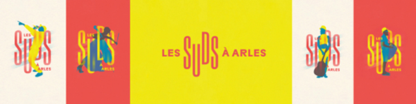 Les Suds Arles Festival banner with logos. Red and yellow.