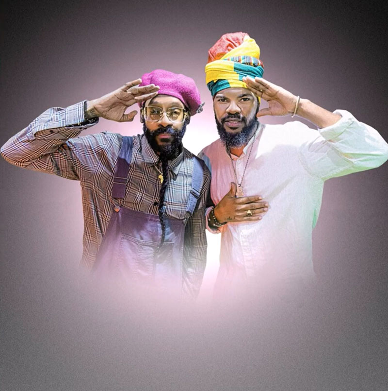 The single cover for "Teach the Youths" by Little Guerrier featuring Tarrus Riley presents at the center of the image, both artists stand side by side, saluting with their hands.