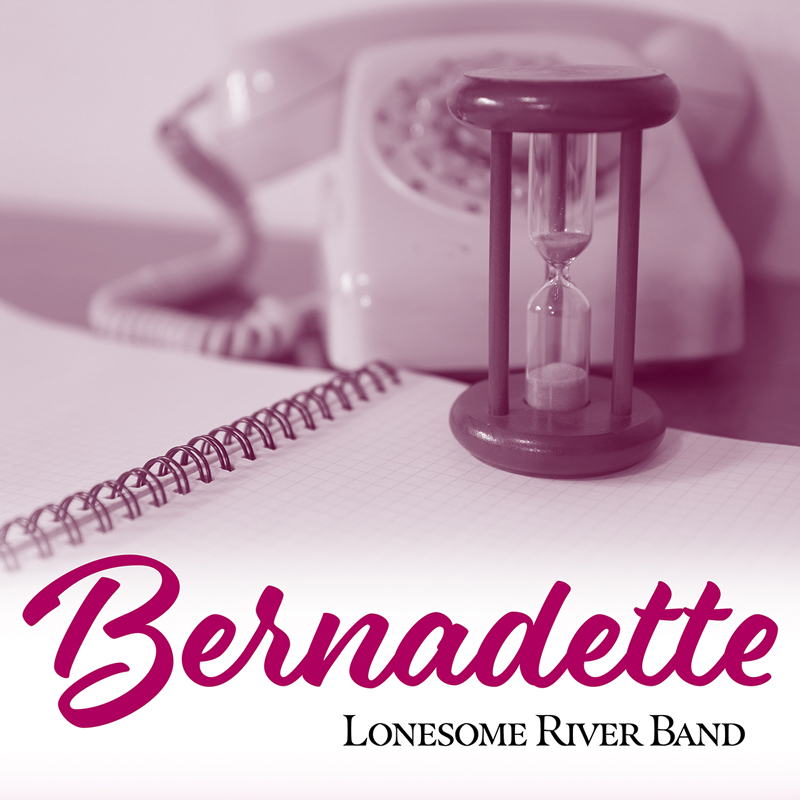A spiral notebook, an hourglass, and a rotary phone fill a soft pink-tinted frame. Cursive lettering for Bernadette sits across the bottom, with the band’s name printed beneath it.
