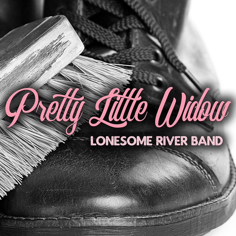 Lonesome River Band Pretty Little Widow cover artwork. A black and white photo of a brush brushing a show. The texts are in ink.