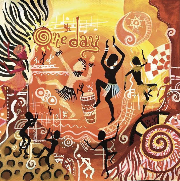 The single cover for Lotte Walda’s One Day bursts with colorful earthy tones of orange, red, and yellow, depicting silhouettes of African dancers, drummers, and tribal figures in rhythmic motion. Spirals, musical notes, and symbolic patterns swirl across the scene.
