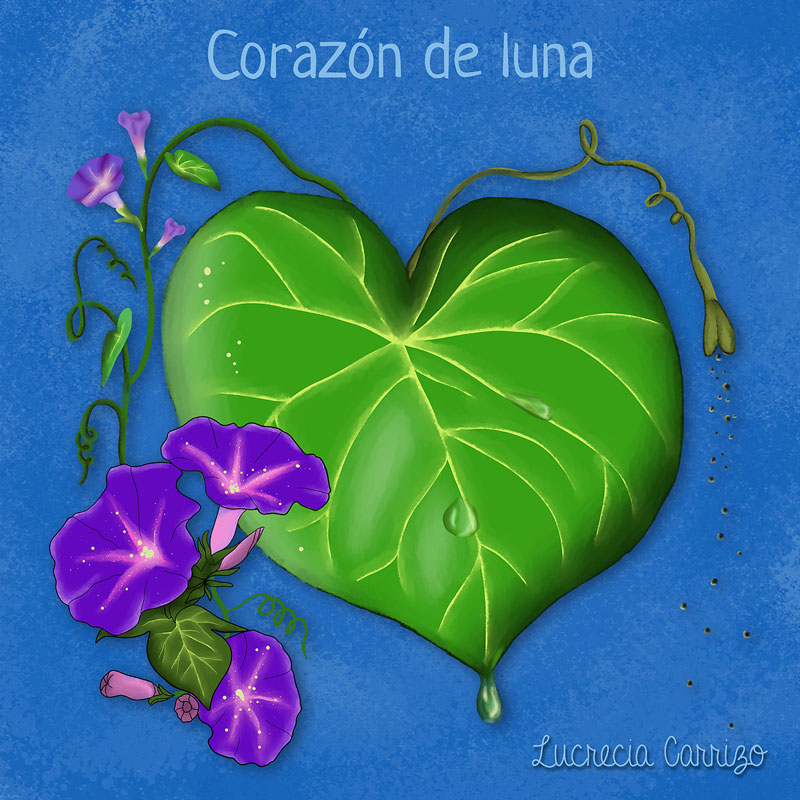 Lucrecia Carrizo - Corazón de Luna single artwork. A large heart-shaped green leaf with small violet flowers.