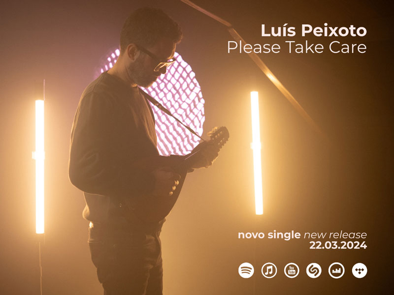 Luís Peixoto - Please Take Care cover artwork. A photo of the artist playing mandolin.