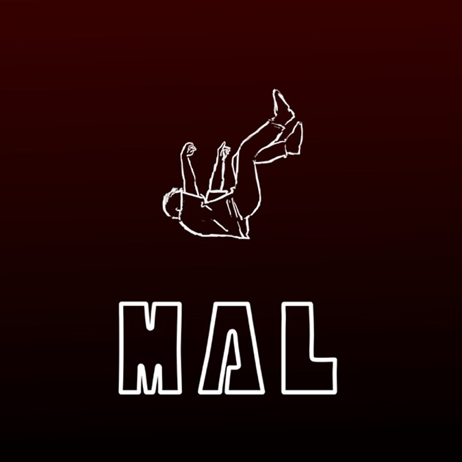The single cover shows a design with a dark red-to-black gradient background. At the top, a simple white line drawing depicts a person falling backward. Below, the outlined word “MAL” appears in large block letters.