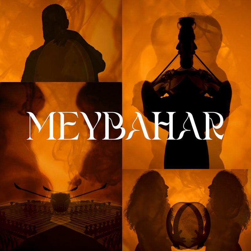 The album cover for Meybahar features an orange background with shadowed silhouettes of musicians playing traditional instruments. The composition is divided into four sections, each highlighting different instrumentalists—one playing a frame drum, another a bowed instrument, a third with a santuri instrument, and a duo with a percussive element.