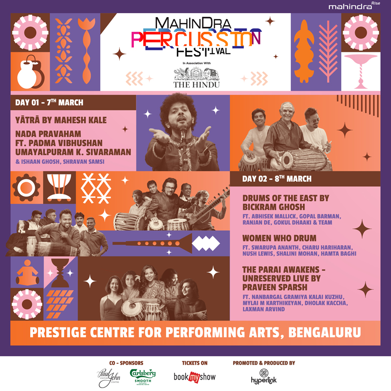 Mahindra Percussion Festival 2026 poster. Photos of artists and conert listings.