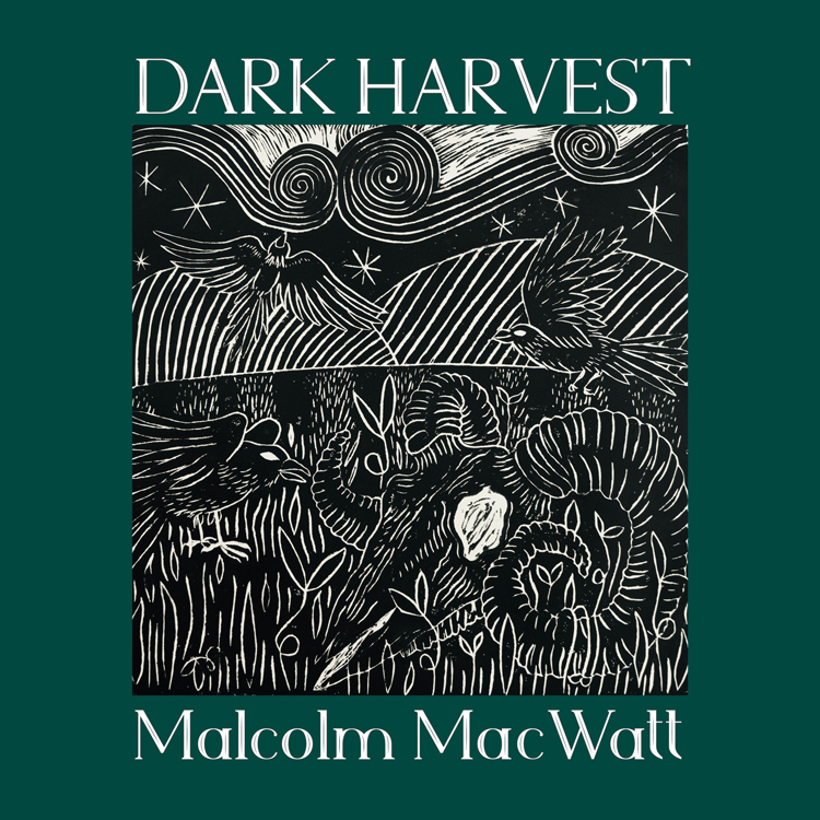 Malcolm MacWatt - Dark Harvest cover artwork. An illustration of a field with birds that look like crows.