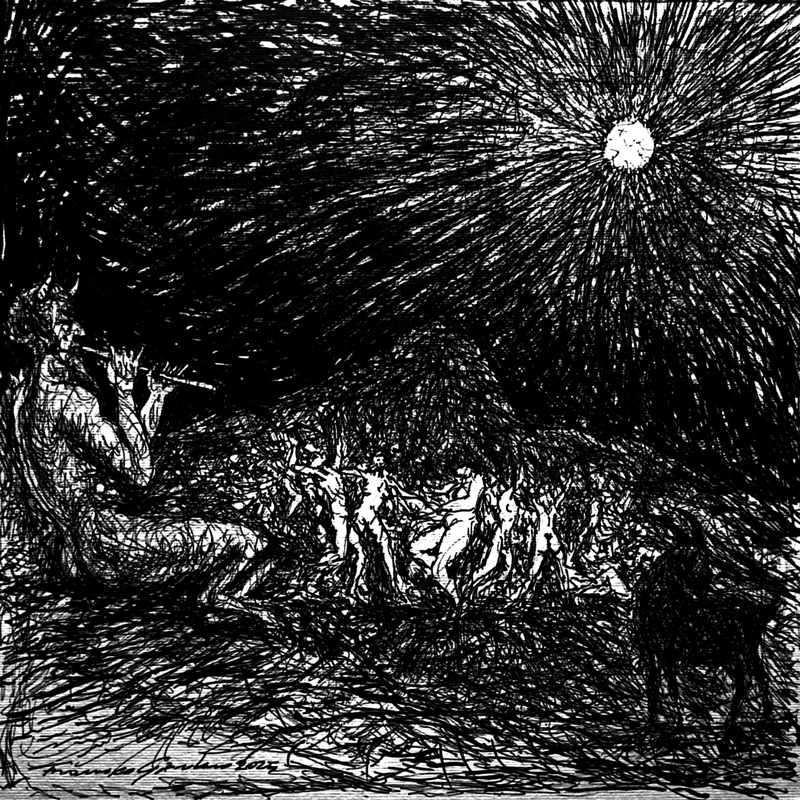 A black-and-white scene unfolds beneath a blazing moon, where swirling lines form a night sky over dancing, ghostlike figures around a fire. Shadowy animals frame the edges.