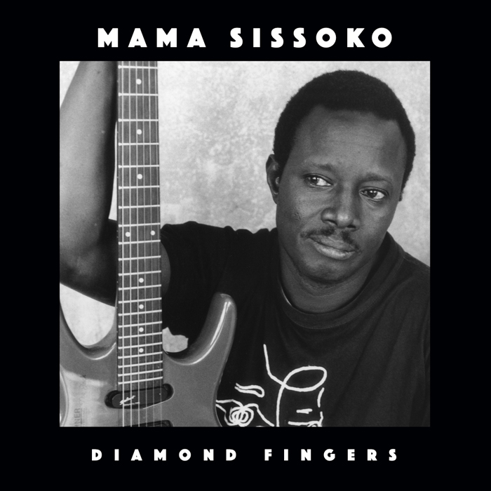 Mama Sissoko - Diamond Fingers cover artwork. A black and white photo of the artist with an electric guitar.
