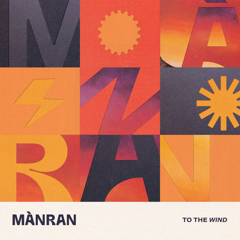 Mànran - To the Wind cover artwork. a mix of squares with the band name and various objects like suns.