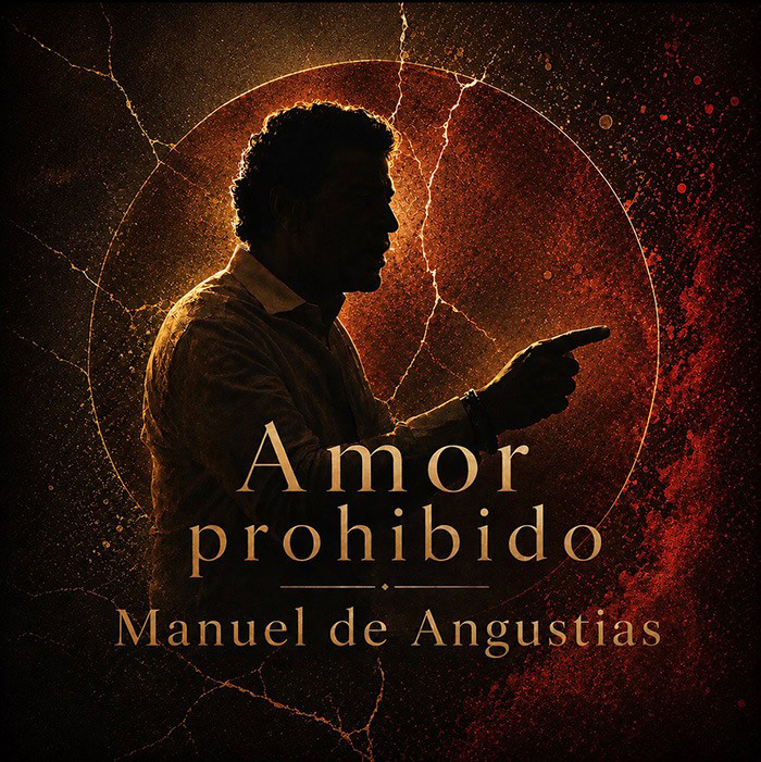 Manuel de Angustias -Amor Prohibido cover artwork. A profile inage of a man pointing a finger.