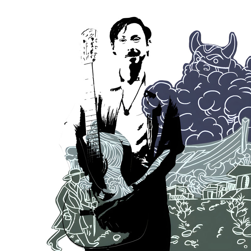 The Camino Trunco cover presents a high-contrast illustration of a lone figure holding a guitar, rendered in black against a pale field. Around him, line drawings of rolling hills, village forms, and a mythic animal shape.