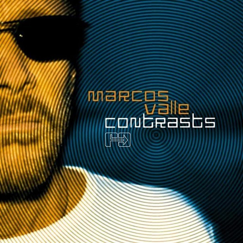 The album cover for Contrasts by Marcos Valle features a close-up of the artist's face, partially obscured by concentric ripple-like lines in warm orange and cool blue tones. Wearing sunglasses and a white shirt, Valle appears on the left side, while the album title is positioned to the right in geometric fonts.