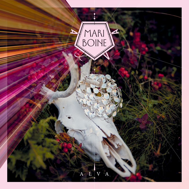 The album cover for Alva by Mari Boine is a mix of natural and symbolic elements. Central to the composition is a white animal skull, possibly a deer or a similar creature, resting on a bed of lush greenery dotted with red berries and purple flowers. Draped over the skull is a reflective, circular ornament, resembling a cluster of sequins or mirrored disks. A vivid burst of color emerges from the left side, with diagonal streaks of pink, orange, and yellow.