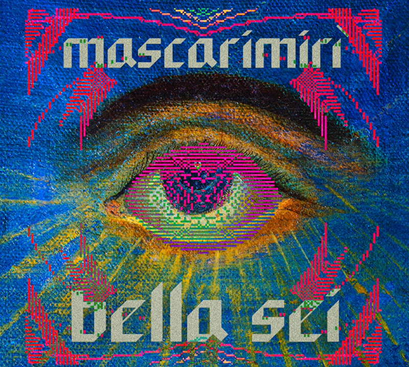 The single cover for Mascarimirì - Bella Sei is a fusion of traditional and digital aesthetics. At its center, an intense, realistic eye—rendered in warm, earthy tones. The pupil and iris are overlaid with a pixelated, glitch-art effect in magenta and green. The background is a textured deep blue canvas, adorned with neon-red, pixel-like geometric patterns radiating outward.