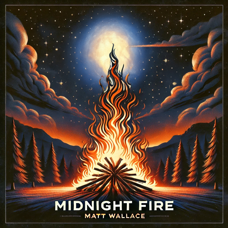 The cover of Midnight Fire by Matt Wallace features a stylized campfire blazing under a luminous full moon. Surrounded by tall pine trees and dramatic clouds, with a retro, illustrated aesthetic. The title and artist’s name appear in bold, white lettering at the bottom.