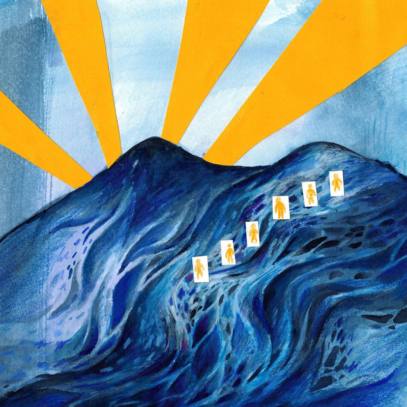 Meallan Groovy Gal cover artwork. A painterly landscape in deep blues shows a winding mountain path climbing toward a ridge beneath golden sunbeams. Along the trail, small white cards bearing orange human silhouettes ascend the slope.