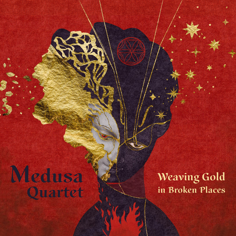 A red album cover featuring a stylized Medusa profile in black, gray, and metallic gold, surrounded by gold lines and stars.