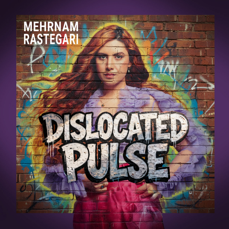 The album cover for Dislocated Pulse by Mehrnam Rastegari features a woman painted as graffiti on a brick wall. Orange, blue, yellow, and purple form a spray-painted backdrop. The album title, Dislocated Pulse, appears in white letters outlined in black. The artist’s name is placed in the upper left corner in white capital letters.