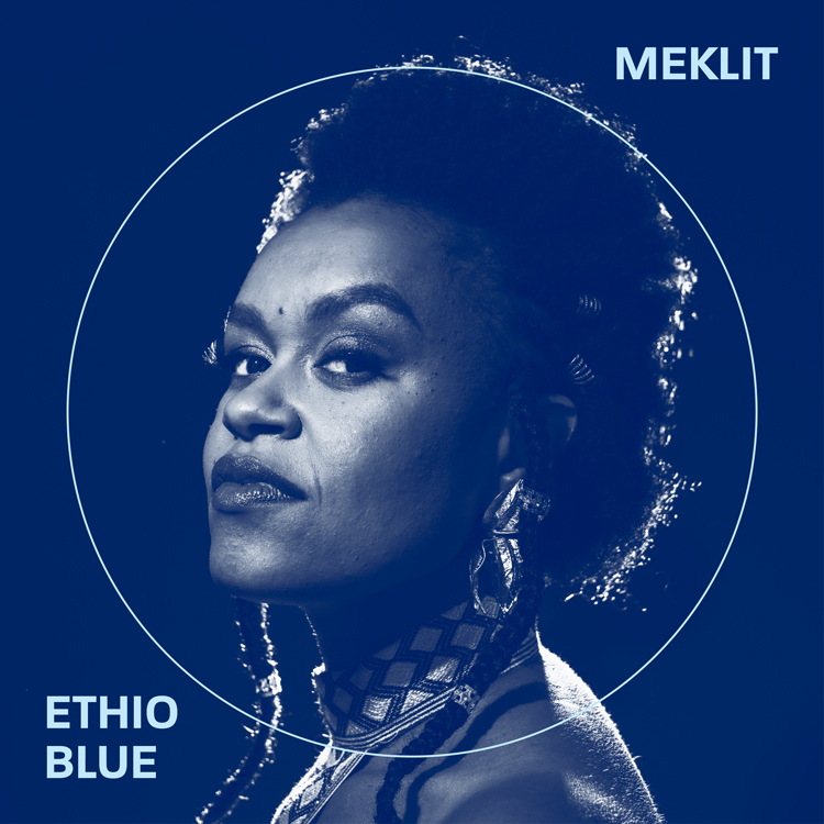 Meklit- Ethio Blue album artwork. a headshot of Meklit with a blue background.