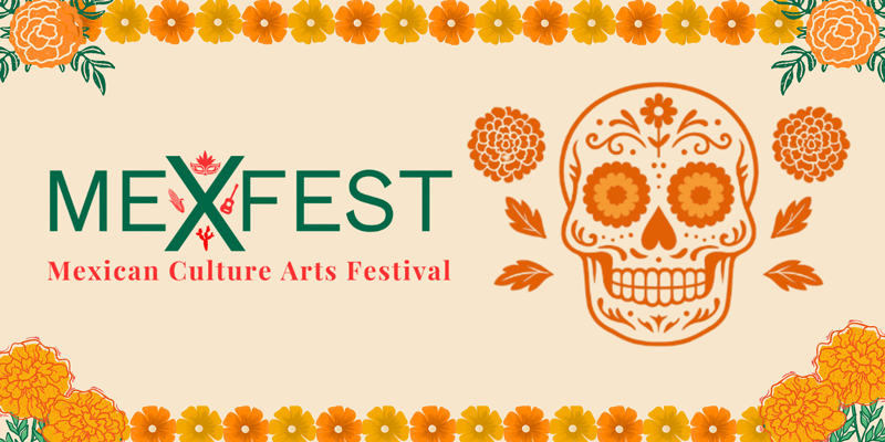 MexFest banner featuring a skull and flower ornaments in orange colors.