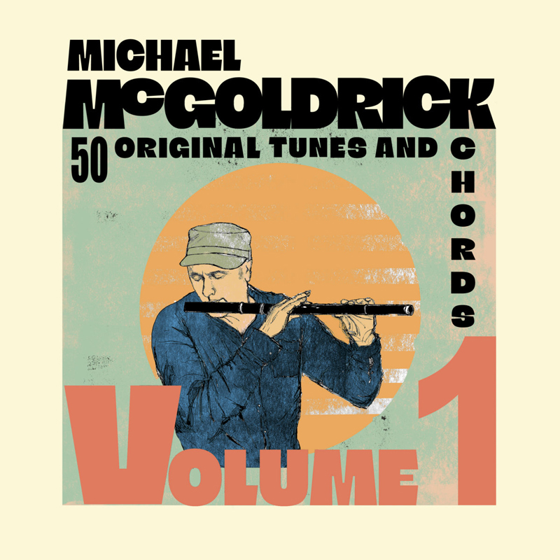 The cover features an illustrated musician playing a wooden flute against a faded sun-like circle. Blocky lettering frames the image with the artist’s name at the top and the title Volume 1 in large red type at the bottom. Muted greens, oranges, and reds give it a vintage poster feel.
