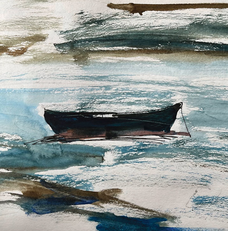 A solitary boat floats on abstract, windswept waters in this watercolor cover. Soft blue, brown, and white brushstrokes.