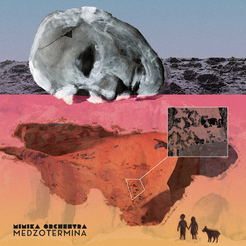 The cover for Medzotermina by Mimika Orchestra presents a weathered landscape split into two contrasting zones. A large gray, skull-like rock formation dominates the upper half against a barren horizon, while the lower half glows in warm pink and orange tones around an eroded canyon or sinkhole. An inset detail box highlights textured terrain patterns. At the bottom right, two small silhouetted children stand beside a dog.