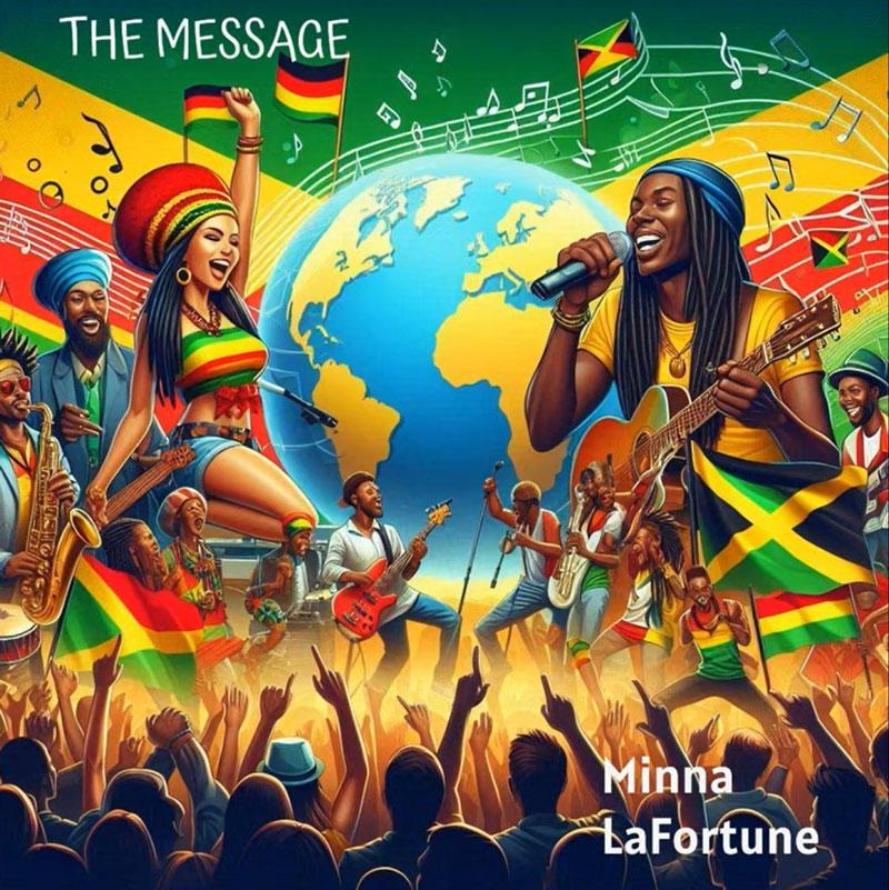 The album cover for The Message by Minna LaFortune features a colorful, festival-like scene with musicians and dancers set against a globe. The dominant colors—green, yellow, and red—reflect Rastafarian and Jamaican influences. A male singer with a guitar takes center stage, surrounded by instrumentalists, including a saxophonist and a bassist, while a lively female dancer raises her fist.