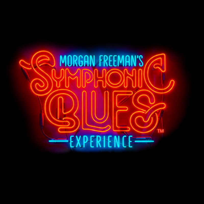 Morgan Freeman’s Symphonic Blues Experience cover artwork. The album title as a neon sign with blue and red colors.