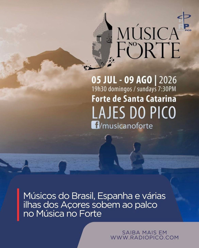 Música no Forte 2026 poster. An image of an adult and child sitting by the seaside.