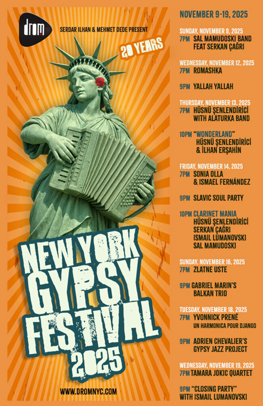 New York Gypsy Festival 2025 poster. The Statue of Liberty playing accordion.