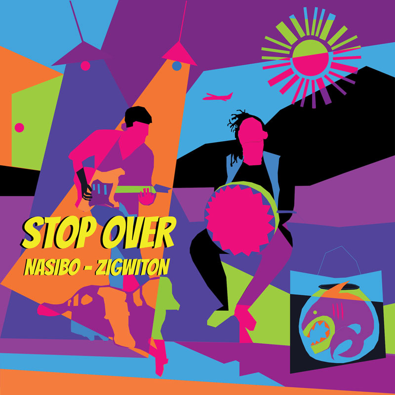 Nasibo & Zigwiton - Stopover cover artwork. A colorful illustration of both musicians playing their musical instruments.