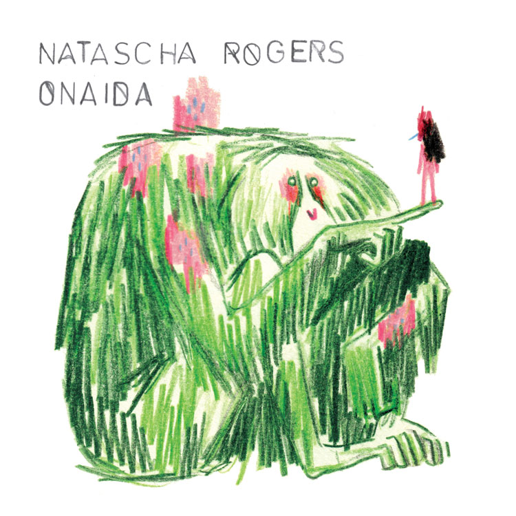 Natascha Rogers - Onaida cover artwork. an illustration of a green giant ape holding a small figure on its finger.