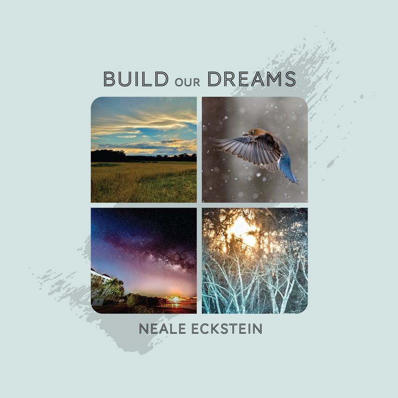 An album cover featuring a soft pale-gray background and a four-panel photo collage: a sunlit meadow, a bird in flight, a star-filled night sky, and glowing winter trees.
